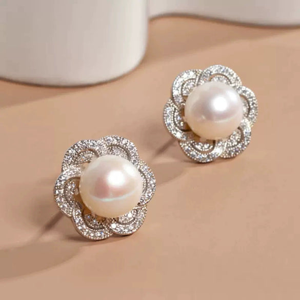 Women's Imitation Pearl Earrings Copper Material With Flower And Geometric Patterns And Zircon Treatment