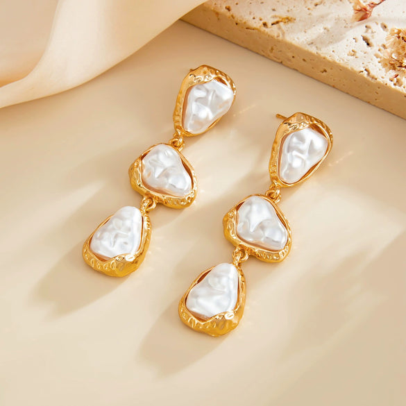 Women's Imitation Pearl Geometric Drop Earrings With Triangle And Irregular Round Bead Design Retro Pendant Jewelry
