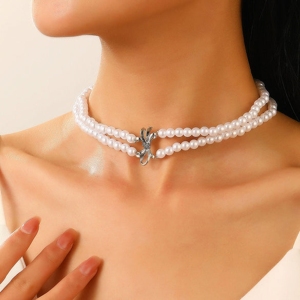 Women's Imitation Pearl Jewelry Threepiece Set With Heart Water Drop Bell Patterns And Alloy Pendants Set With Diamonds