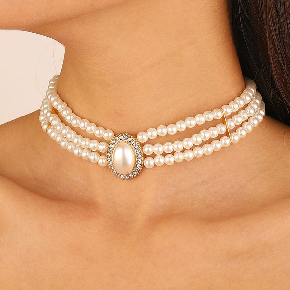 Women's Imitation Pearl Jewelry Threepiece Set With Heart Water Drop Bell Patterns And Alloy Pendants Set With Diamonds