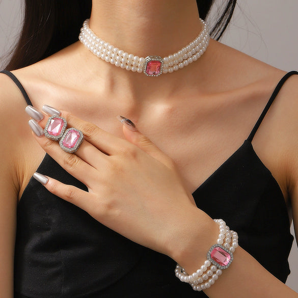 Women's Imitation Pearl Jewelry Threepiece Set With Heart Water Drop Bell Patterns And Alloy Pendants Set With Diamonds