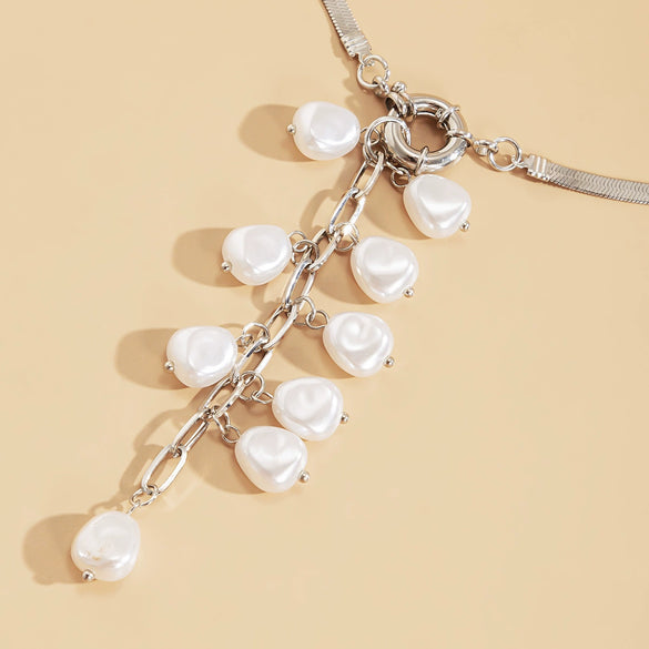 Women's Imitation Pearl Tassel Geometric Snake Bone Chain Necklace Metal Electroplated