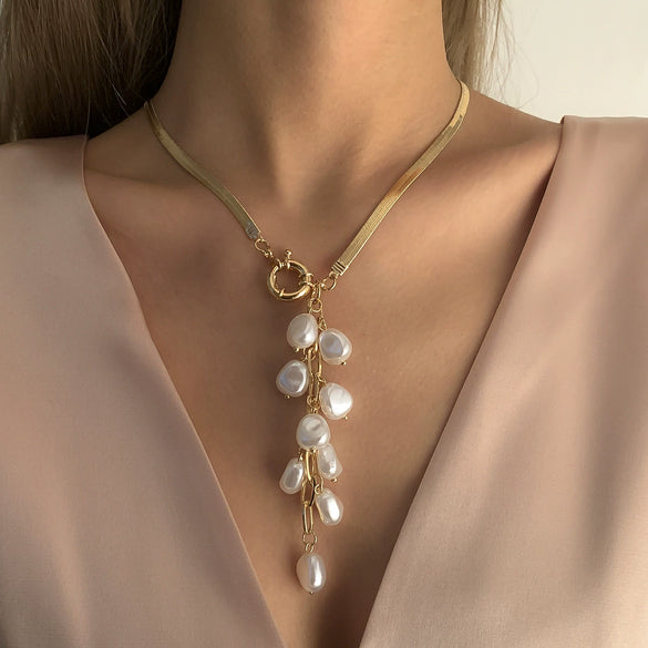 Women's Imitation Pearl Tassel Geometric Snake Bone Chain Necklace Metal Electroplated