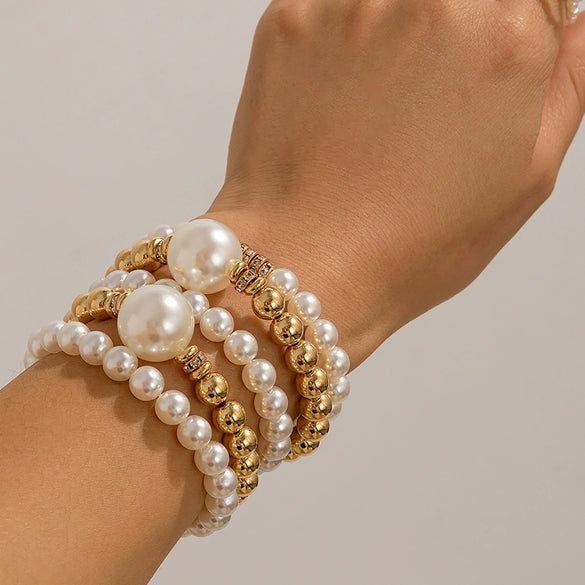 Women's Ins Style Imitation Pearl Beaded Geometric Curved Tube Metal Bracelet With Electroplating