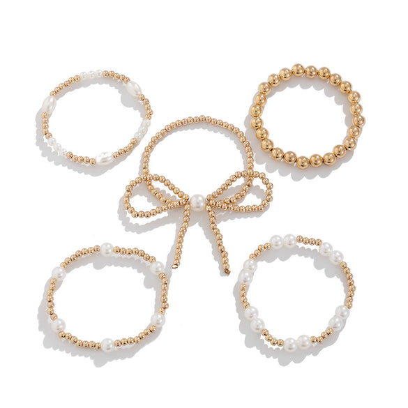 Women's Ins Style Imitation Pearl Beaded Geometric Curved Tube Metal Bracelet With Electroplating