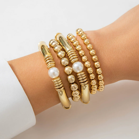 Women's Ins Style Imitation Pearl Beaded Geometric Curved Tube Metal Bracelet With Electroplating