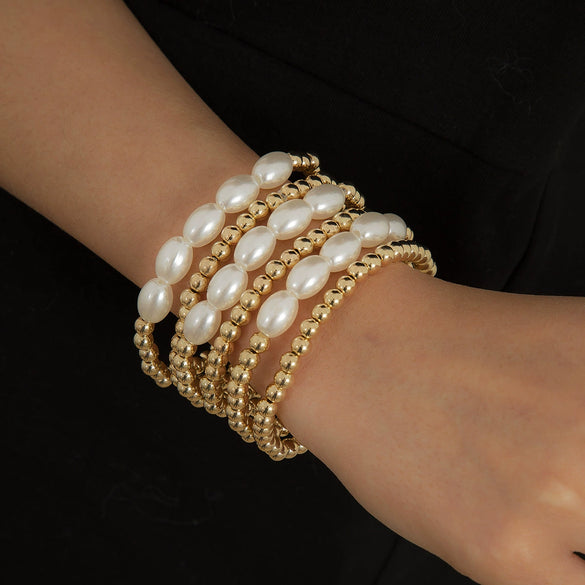 Women's Ins Style Imitation Pearl Beaded Geometric Curved Tube Metal Bracelet With Electroplating