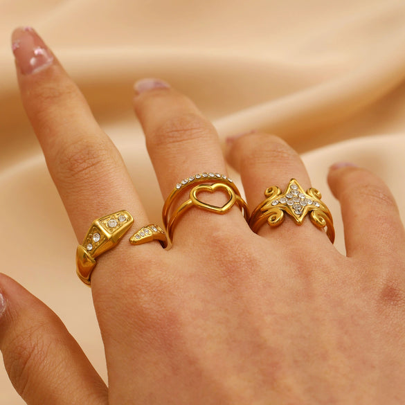 Women's Ins Style Open Diamond Hollow Geometric Heart Shape Stainless Steel Ring And Bracelet With Electroplating
