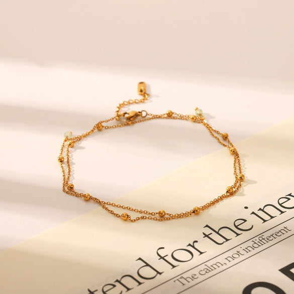 Women's Ins Style Titanium Steel And Stainless Steel Geometric Pattern Double Layer Bead Chain Bracelet With Vacuum Plating And Set With Gemstones