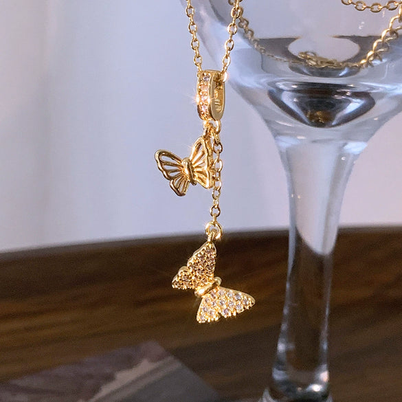 Women's Insects Double Butterfly Pendant Titanium Steel And Copper Necklace With Ochain And Electroplating