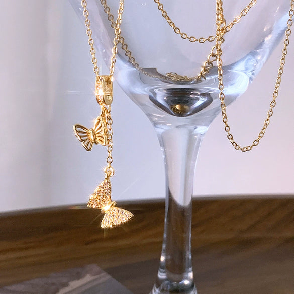 Women's Insects Double Butterfly Pendant Titanium Steel And Copper Necklace With Ochain And Electroplating