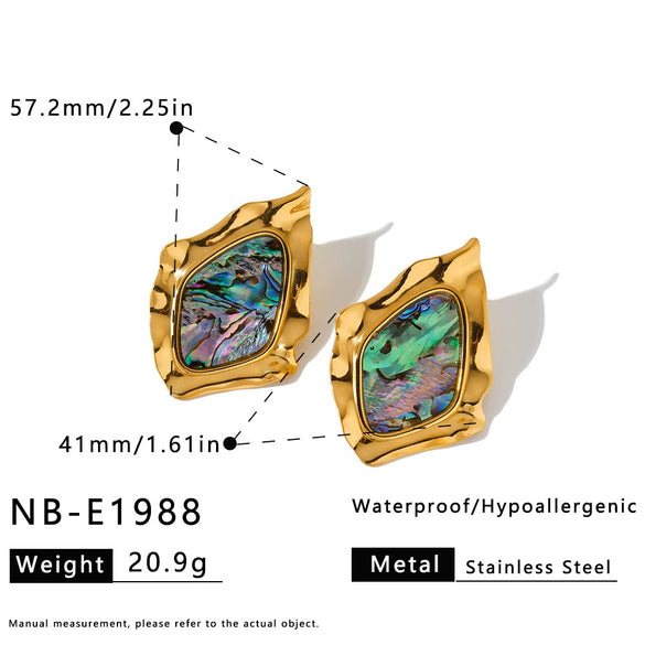 Women's Irregular Diamond Pattern Shell Inlaid Stainless Steel Earrings With 18K Vacuum Plated Geometric Design