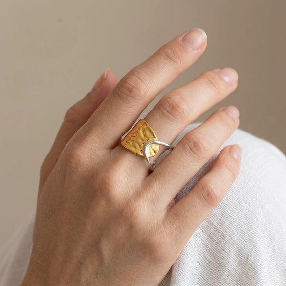 Women's Irregular Geometric Open Ring Adjustable Stainless Steel With 18K Gold Vacuum Pvd Plating And Colorretaining Finish