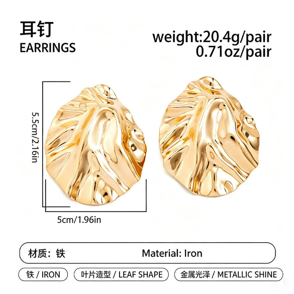 Women's Irregular Geometric Pleated Stud Earrings In Electroplated Iron With Glossy Finish And Steel Posts