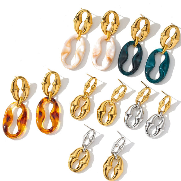 Women's Irregular Geometric Stainless Steel Earrings With Resin Design And 18K Gold Vacuum Plated Retro Fashion Finish