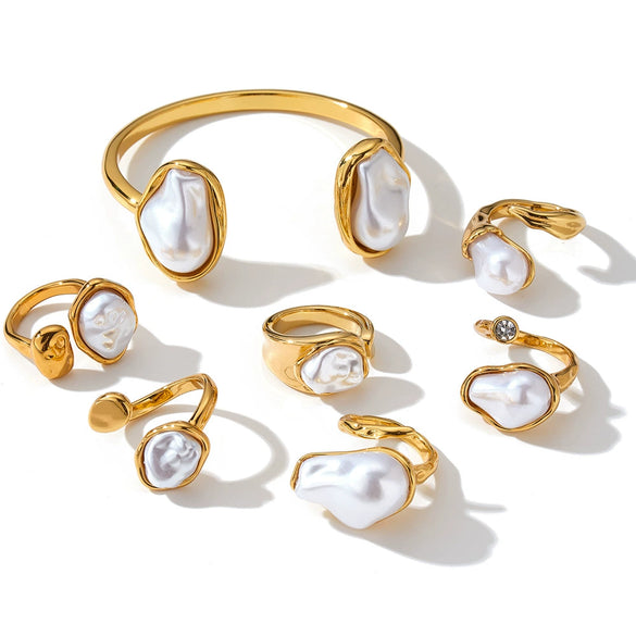 Women's Irregular Geometric Stainless Steel Open Ring With Pleated Design And 18K Vacuum Plated Light Luxury Finish