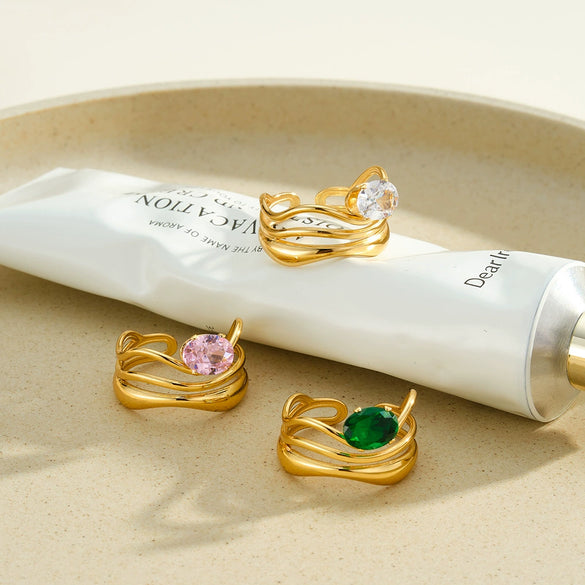 Women's Irregular Geometric Stainless Steel Ring With Hollow Design Zircon Inlay And 18K Vacuum Gold Plating