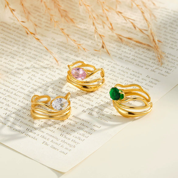 Women's Irregular Geometric Stainless Steel Ring With Hollow Design Zircon Inlay And 18K Vacuum Gold Plating