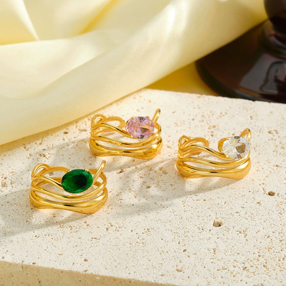 Women's Irregular Geometric Stainless Steel Ring With Hollow Design Zircon Inlay And 18K Vacuum Gold Plating