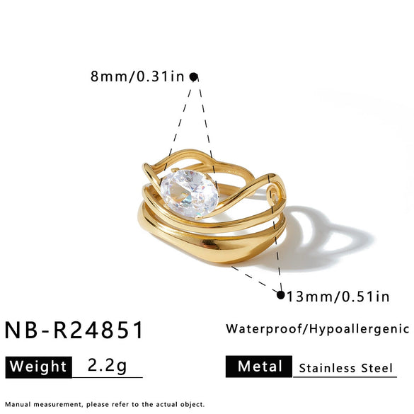 Women's Irregular Geometric Stainless Steel Ring With Hollow Design Zircon Inlay And 18K Vacuum Gold Plating