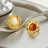 Women's Irregular Geometric Stainless Steel Ring With Resin Inlay And Gold Tone Vacuum Electroplated Finish