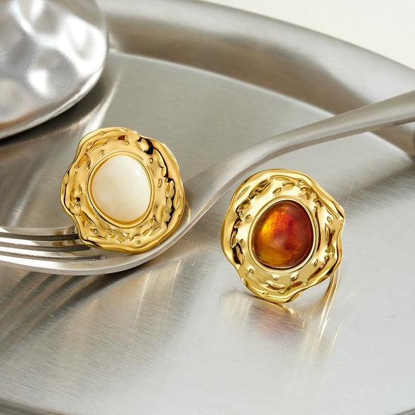 Women's Irregular Geometric Stainless Steel Ring With Resin Inlay And Gold Tone Vacuum Electroplated Finish