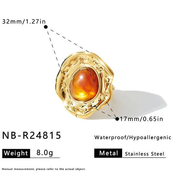 Women's Irregular Geometric Stainless Steel Ring With Resin Inlay And Gold Tone Vacuum Electroplated Finish