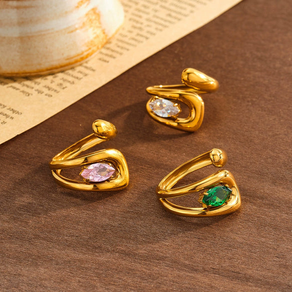 Women's Irregular Geometric Zircon Inlaid Stainless Steel Open Ring With 18K Vacuum Plated Finish