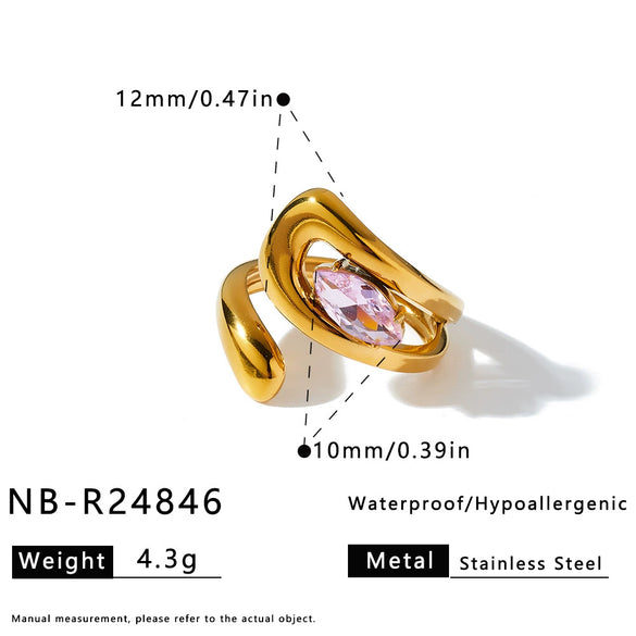 Women's Irregular Geometric Zircon Inlaid Stainless Steel Open Ring With 18K Vacuum Plated Finish