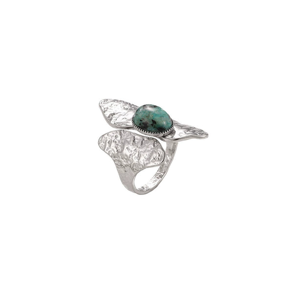 Women's Irregular Hammered Leaf Open Ring With Natural Stone Goldplated Stainless Steel Geometric Fashion Jewelry