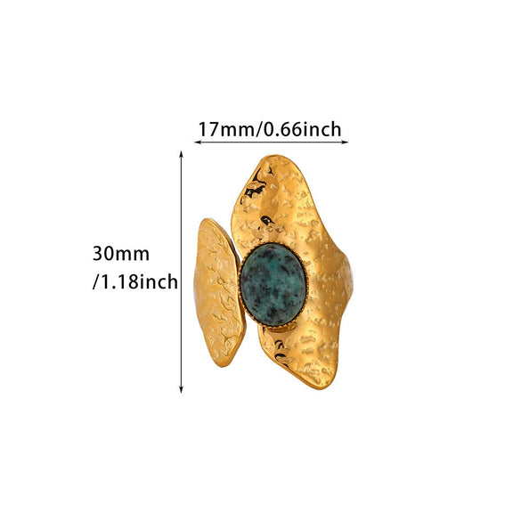 Women's Irregular Hammered Leaf Open Ring With Natural Stone Goldplated Stainless Steel Geometric Fashion Jewelry