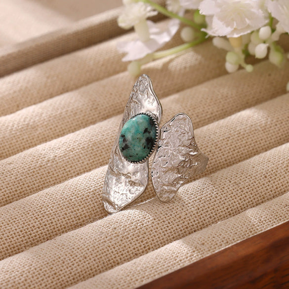 Women's Irregular Hammered Leaf Open Ring With Natural Stone Goldplated Stainless Steel Geometric Fashion Jewelry