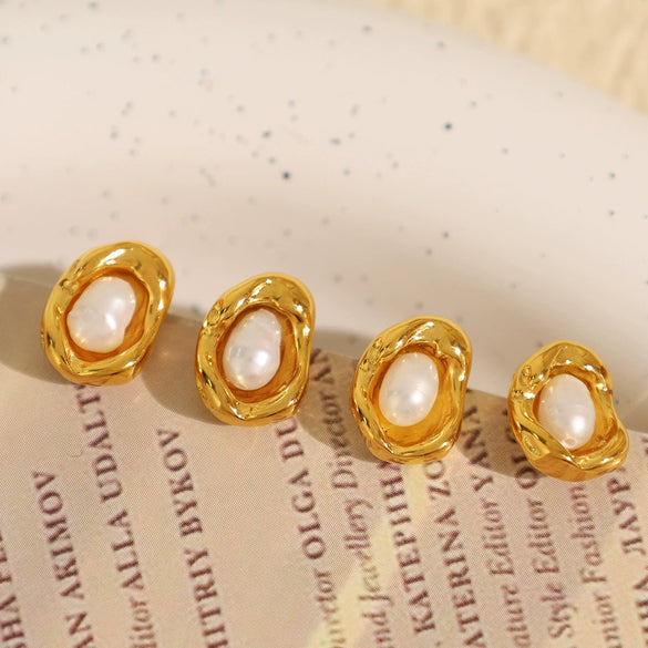 Women's Irregular Metal Pearl 316L Stainless Steel Electroplated Earrings Simple Elegant Highend Niche Unique Design