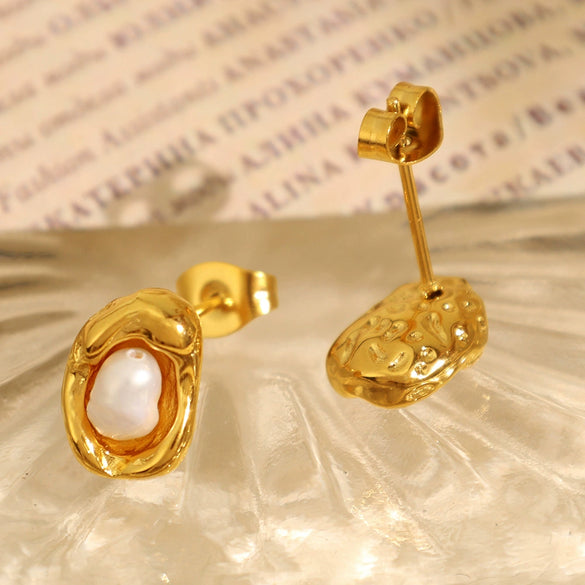 Women's Irregular Metal Pearl 316L Stainless Steel Electroplated Earrings Simple Elegant Highend Niche Unique Design