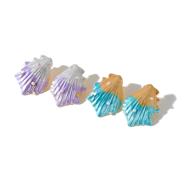 Women's Irregular Shell Pattern Stainless Steel Earrings With Oil Drip Finish Pearl Accents And Geometric Vacuum Plated Design
