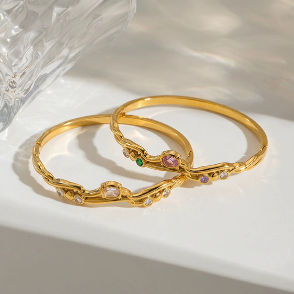 Women's Irregular Stainless Steel Bangle With Zircon Inlay Elegant Fashion Jewelry With Vacuum Plated Finish