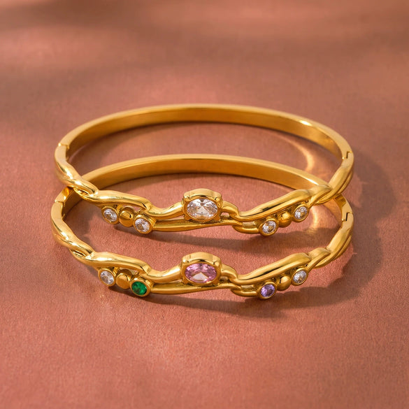 Women's Irregular Stainless Steel Bangle With Zircon Inlay Elegant Fashion Jewelry With Vacuum Plated Finish