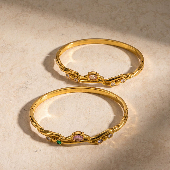 Women's Irregular Stainless Steel Bangle With Zircon Inlay Elegant Fashion Jewelry With Vacuum Plated Finish