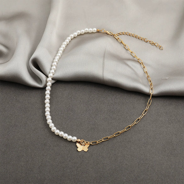 Women's Jewelry Butterfly Pendant Pearl Chain Stitching Necklace With Leaf Pattern