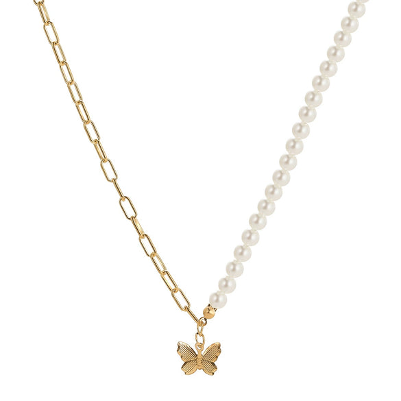 Women's Jewelry Butterfly Pendant Pearl Chain Stitching Necklace With Leaf Pattern