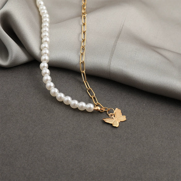 Women's Jewelry Butterfly Pendant Pearl Chain Stitching Necklace With Leaf Pattern