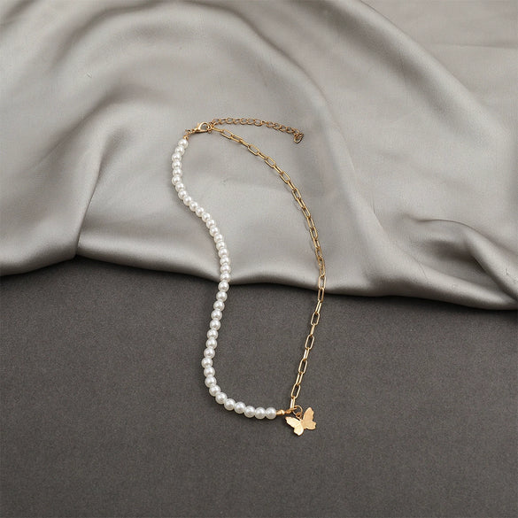 Women's Jewelry Butterfly Pendant Pearl Chain Stitching Necklace With Leaf Pattern