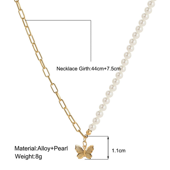 Women's Jewelry Butterfly Pendant Pearl Chain Stitching Necklace With Leaf Pattern