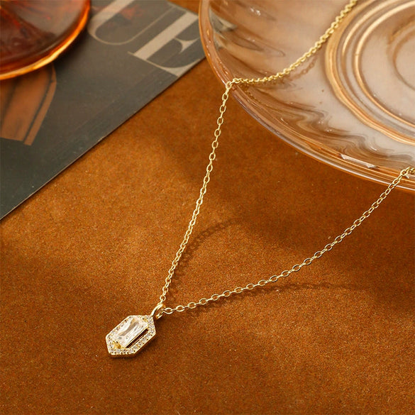 Women's Jewelry Copper Plated Real Gold Geometric Hexagon Zircon Necklace