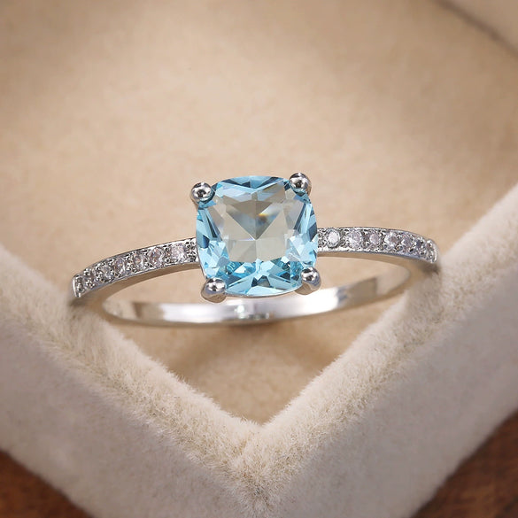 Women's Jewelry Copper Square Ring With Microinlaid Zircon And Sapphire Blue Diamond Natural Geometric Style