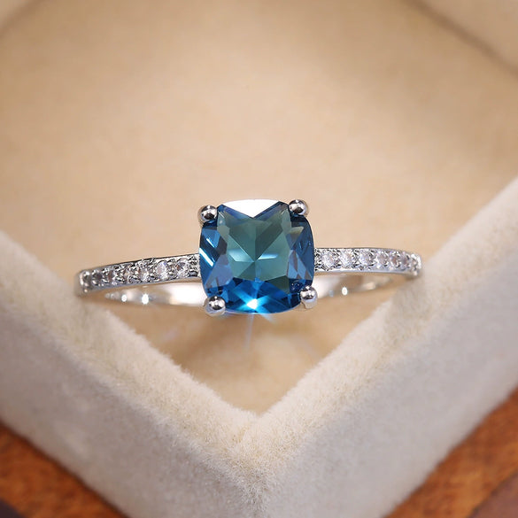 Women's Jewelry Copper Square Ring With Microinlaid Zircon And Sapphire Blue Diamond Natural Geometric Style