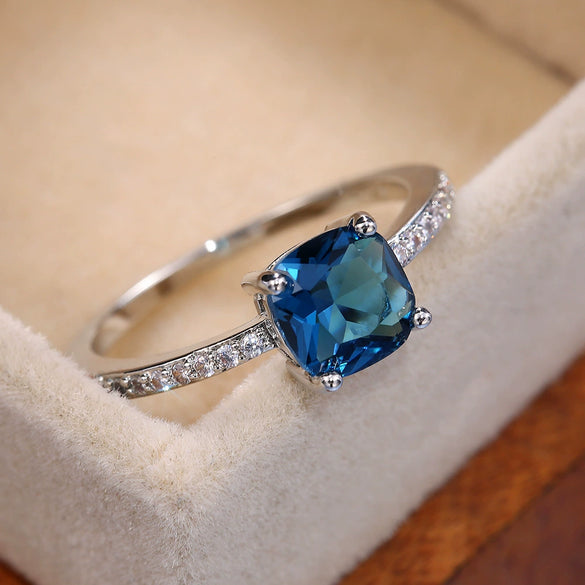 Women's Jewelry Copper Square Ring With Microinlaid Zircon And Sapphire Blue Diamond Natural Geometric Style