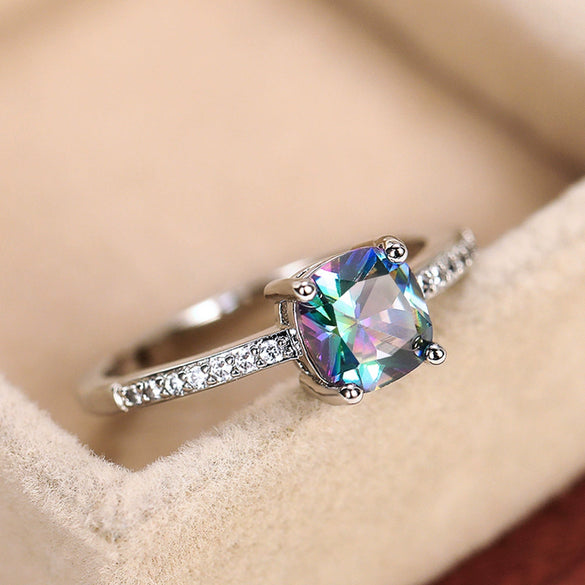 Women's Jewelry Copper Square Ring With Microinlaid Zircon And Sapphire Blue Diamond Natural Geometric Style