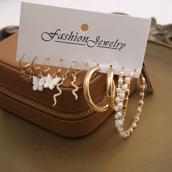 Women's Jewelry Crystal Alloy Flower Pattern Oil Butterfly Snake Pearl Earrings 5Piece Set With Electroplating