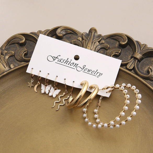 Women's Jewelry Crystal Alloy Flower Pattern Oil Butterfly Snake Pearl Earrings 5Piece Set With Electroplating